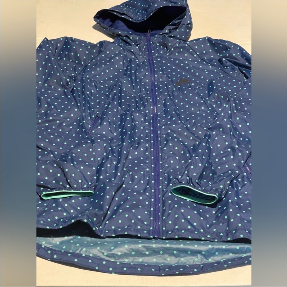Nike Blue and Green Hooded Raincoat with Polka Dot Design